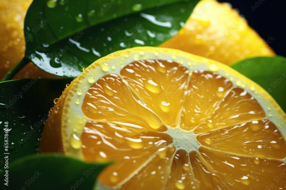 Poster a detailed close-up view of a slice of orange with water droplets. this image can be used to showcas