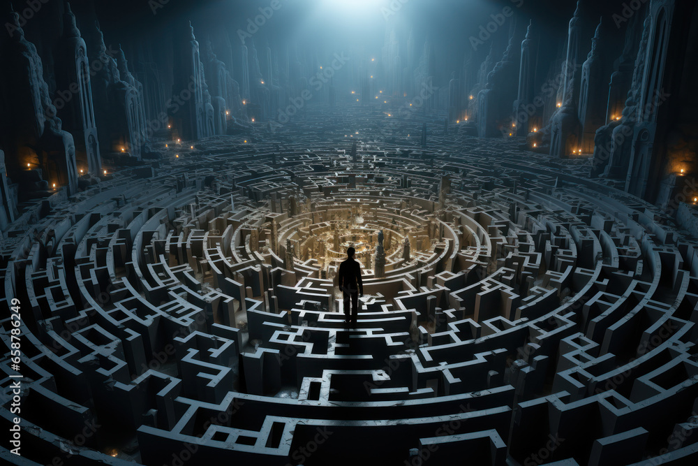 Poster a person navigating a complex maze, reflecting the challenges and problem-solving abilities of human