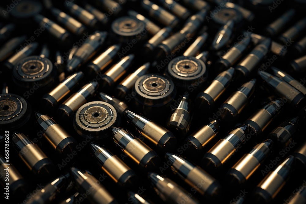Poster a collection of bullet shells stacked together. this image can be used to depict firearms, ammunitio