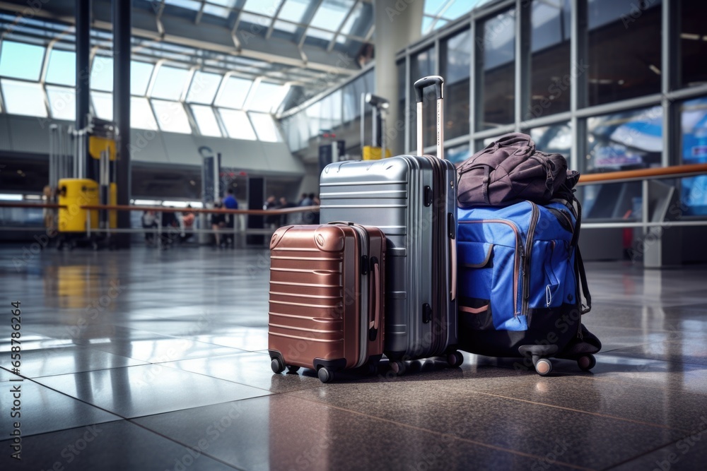 Poster a couple of suitcases sitting on top of a tiled floor. suitable for travel or moving-related themes.