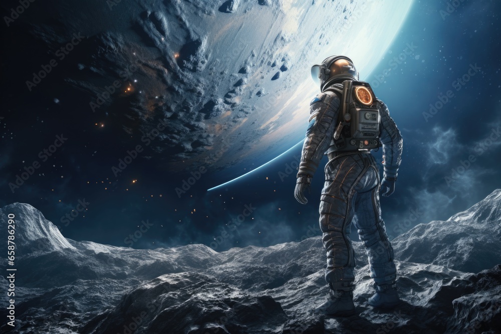 Poster a man dressed in a space suit stands in front of a majestic planet. this image captures the awe-insp