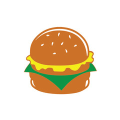 Cartoon Burger With Lettuce, Tomato, And Cheese. Vector Hand Drawn Illustration Isolated On Transparent Background. 