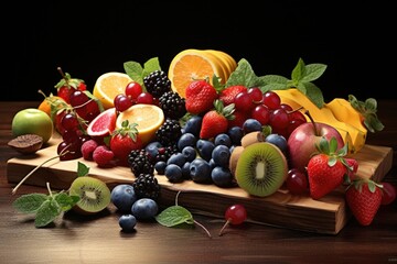 A wooden cutting board topped with assorted fruit. Perfect for food and kitchen-related projects.