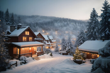 Fototapeta premium Winter scene capturing the essence of a pristine snow-covered valley nestled between majestic snow capped mountains. AI Generated.