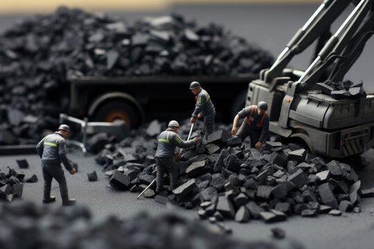 A group of men standing next to a pile of coal. This image can be used to depict industrial work, energy production, or mining operations.