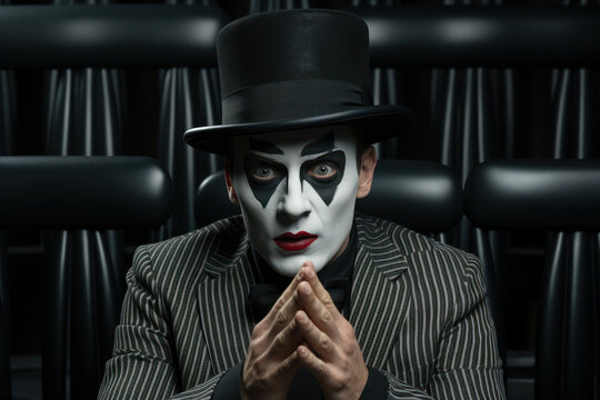 A mime pretending to be trapped in an invisible box, demonstrating the art of silent comedy. Concept of pantomime. Generative Ai.