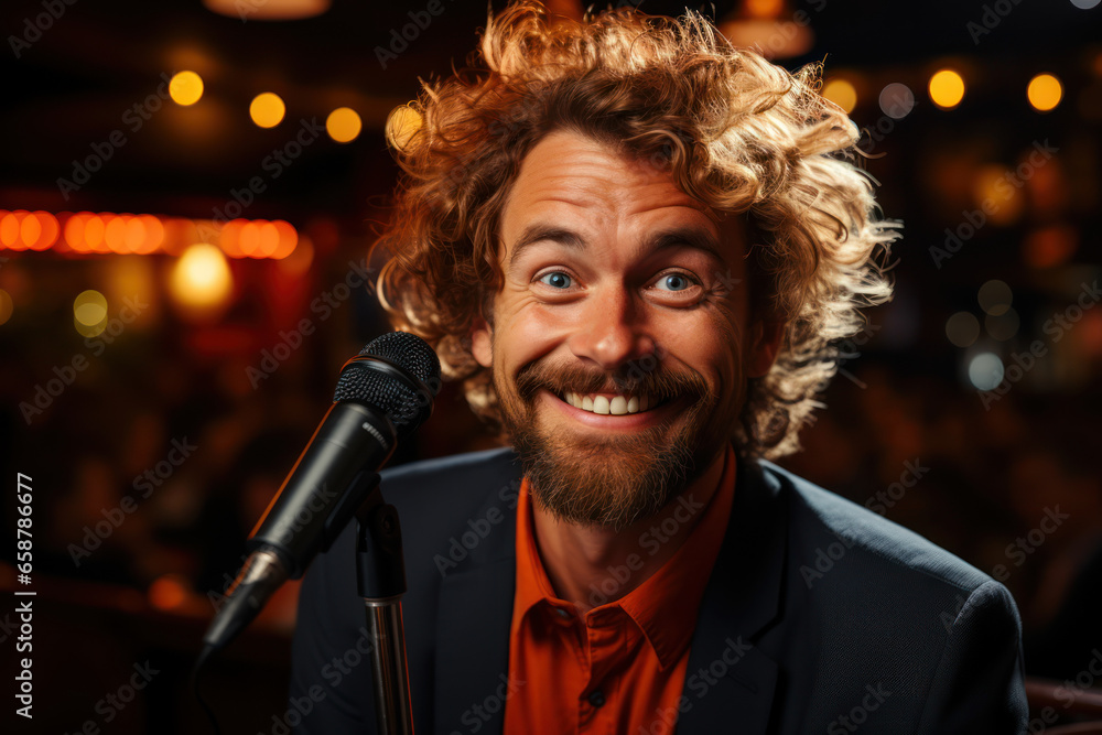 Poster a stand-up comedian using puns and wordplay to create laughter, exemplifying linguistic humor. conce