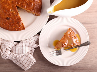 Date cake with caramel topping,