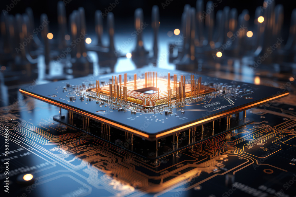 Poster a computer with a powerful cpu symbolizing the concept of artificial intelligence and machine learni