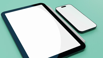 tablet and smartphone with empty screen on mint green colored surface for application showcase or website mockup.
