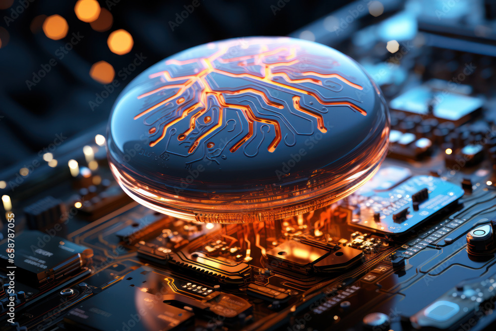 Poster a futuristic brain implant connecting to a computer interface, illustrating the potential of brain-c