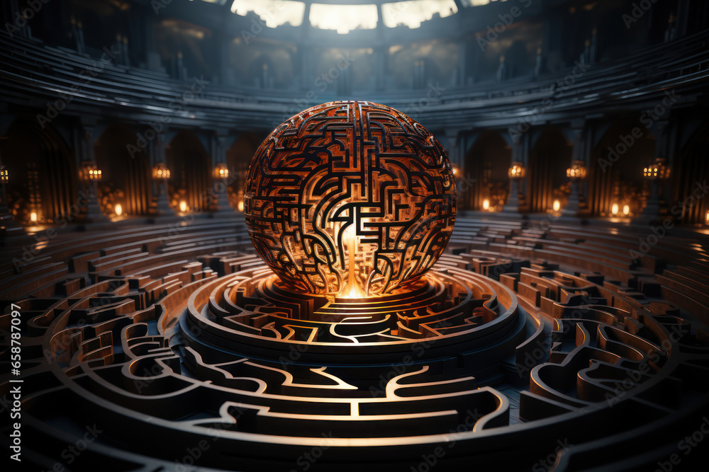 Poster a brain-shaped labyrinth with winding paths, representing the twists and turns of decision-making an