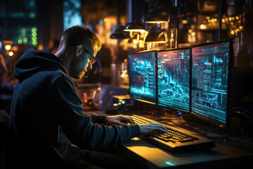 Fototapeta premium A computer programmer writing code, symbolizing the logical thinking and problem-solving skills required in coding. Concept of programming. Generative Ai.
