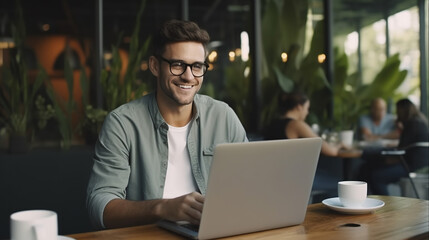 Man working on laptop, freelancer with computer in cafe at table, man in glasses smiling looking in camera - obrazy, fototapety, plakaty