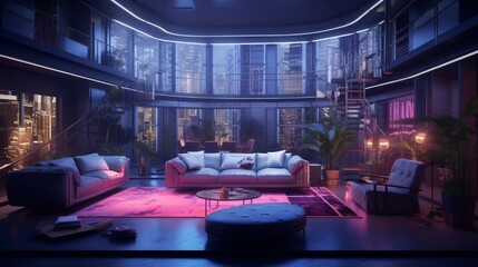 An immersive perspective of a studio room's interior, elegantly illuminated by neon lights, accentuating its lavish design and architectural beauty - obrazy, fototapety, plakaty