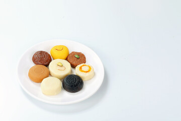 milk peda with 8 type flavour isolated white dish breground,Indian Sweets or Mithai,Traditional...
