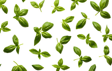 Basil, a fresh herb from the Mediterranean. Top view / flat lay of a group of six individual leaves, twigs, and tips on a white backdrop with soft natural shadows.