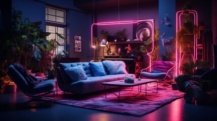 A captivating scene of a studio room bathed in the soft radiance of neon lights, showcasing its opulent decor and plush surroundings