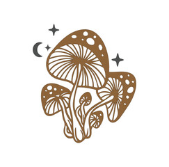 Mystical mushrooms isolated clipart, magic line celestial mushrooms, floral mystical. Black and white vector illustration.