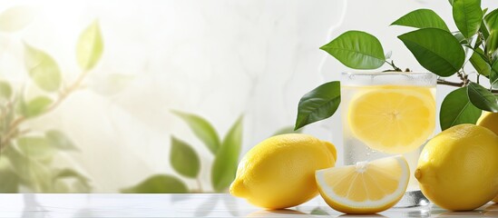 Fresh lemonade made with ripe lemons ice and served in a glass with silver bowl shaker on a white table next to a marble wall with green foliage in summer sunlight With copyspace for text