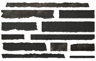 Isolated on transparent background, high-resolution designs, feature black textured paper strips, scraps, and tape that can be used for text or messages or as decorative elements.