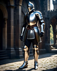 medieval knight in armour walking trough a castle