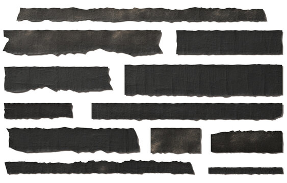 Isolated on transparent background, high-resolution designs, feature black textured paper strips, scraps, and tape that can be used for text or messages or as decorative elements.