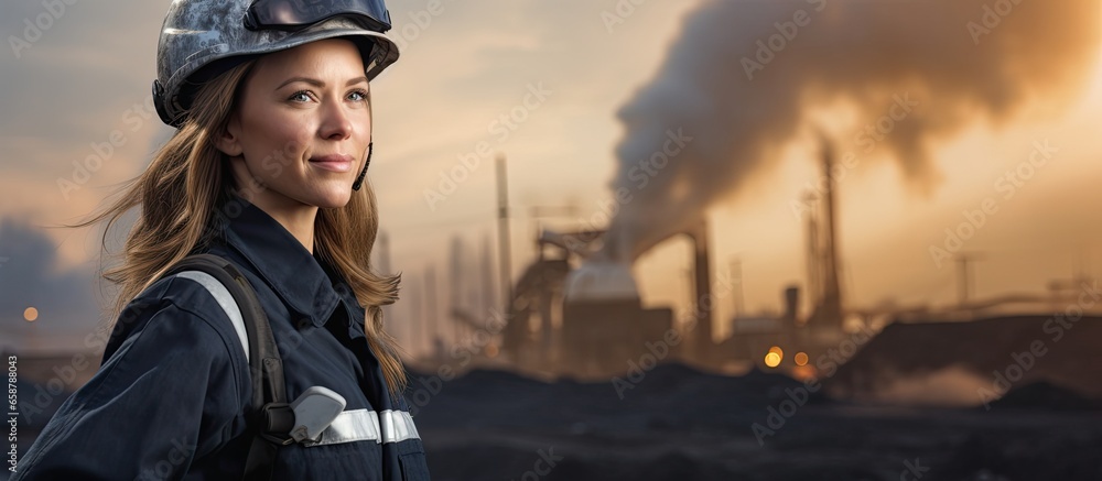 Poster female engineer in an open mining environment with copyspace for text