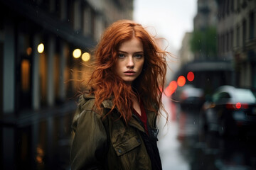 Beautiful red-haired woman standing in the street in heavy rain