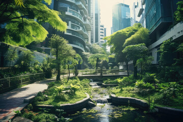 Metropolis friendly ecology mega city buildings and towers, green environment city center metropolis, Green garden in modern city, forest and garden in midtown, greenery skyscraper. - obrazy, fototapety, plakaty