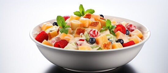 Honey topped creamy custard fruit salad With copyspace for text - obrazy, fototapety, plakaty