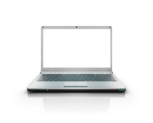 modern design of a stylish laptop open with mockup monitor screen in metallic silver material for...