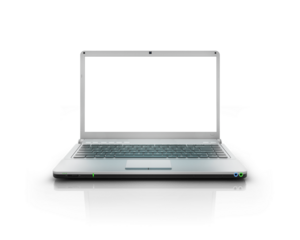 modern design of a stylish laptop open with mockup monitor screen in metallic silver material for business office technology and online browsing concepts, isolated on transparent png background