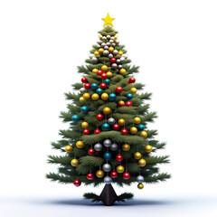 The Christmas tree on a white background is voluminous, lush, color image, realistic.