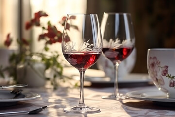 Elegant table setting with candles and flowers in restaurant. Selective focus. Romantic dinner setting with candles and flowers on table in restaurant.