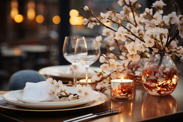 Elegant table setting with candles and flowers in restaurant. Selective focus. Romantic dinner setting with candles and flowers on table in restaurant.