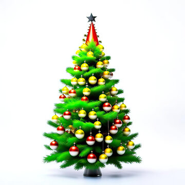 The Christmas tree on a white background is voluminous, lush, color image, realistic.