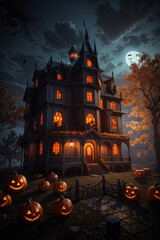 A house with pumpkins and bats
