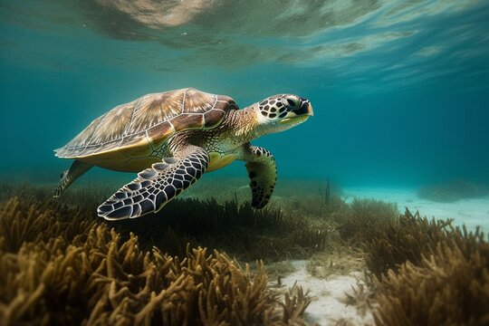 Image of a turtle swimming near sea coral, heading to the beach to lay eggs. Generative AI