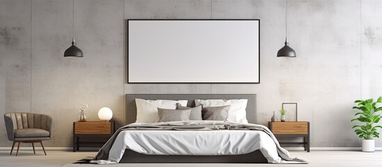 Grey lamp in expansive bedroom with white carpet and gallery hung above bed alongside metal table and vase With copyspace for text