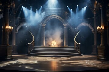 Elegant stage with dazzling lights and enchanting smoke atop a high-end podium. Generative AI