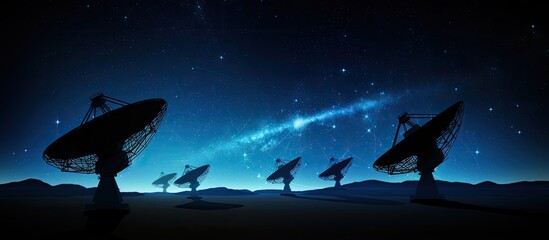 Space observatory with satellite dish silhouettes against night sky With copyspace for text - obrazy, fototapety, plakaty