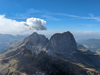 Fototapeta premium Beautiful landscape Italian dolomites aerial view-with mountain meadows,lakes and rocky and sharp mountain tops,Dolomite Alps mountains, anazei,Piz Boe ,Trentino,Alto Adige,Sudtirol, Dolomites,Italy