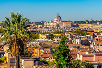 Rome cityscape with St. Peter's basilica in Vatican seen from Pincian hill, Italy