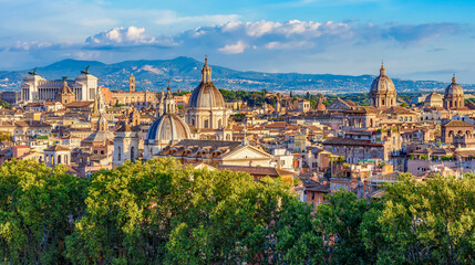 Scenic cityscape of Rome seen from top of St. Angel's castle, Italy