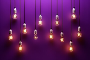 Multiple bulbs hanging on wall with a wall-mounted bulb, all against a purple background. Generative AI