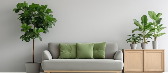 Real photo of a simple living room with a green plant Scandinavian cabinet cozy couch and coffee table space With copyspace for text