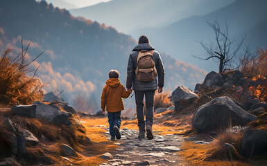 Father and his little son walk while hiking in the autumn forest and mountains at sunset