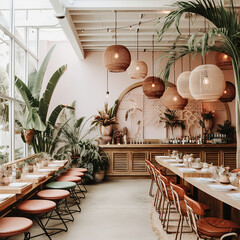 Modern interior of restaurant with boho furniture and a bright patio. - obrazy, fototapety, plakaty