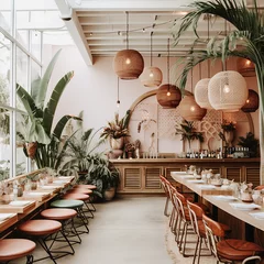 Zelfklevend Fotobehang Modern interior of restaurant with boho furniture and a bright patio. © Anastasia